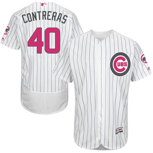 Cubs #40 Willson Contreras White(Blue Strip) Flexbase Authentic Collection Mother's Day Stitched MLB Jersey - Click Image to Close